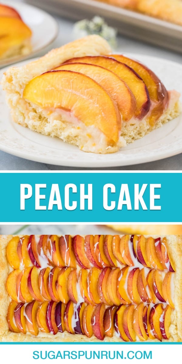 collage of peach cake, top image is close up of single slice on white plate, bottom image is of full cake
