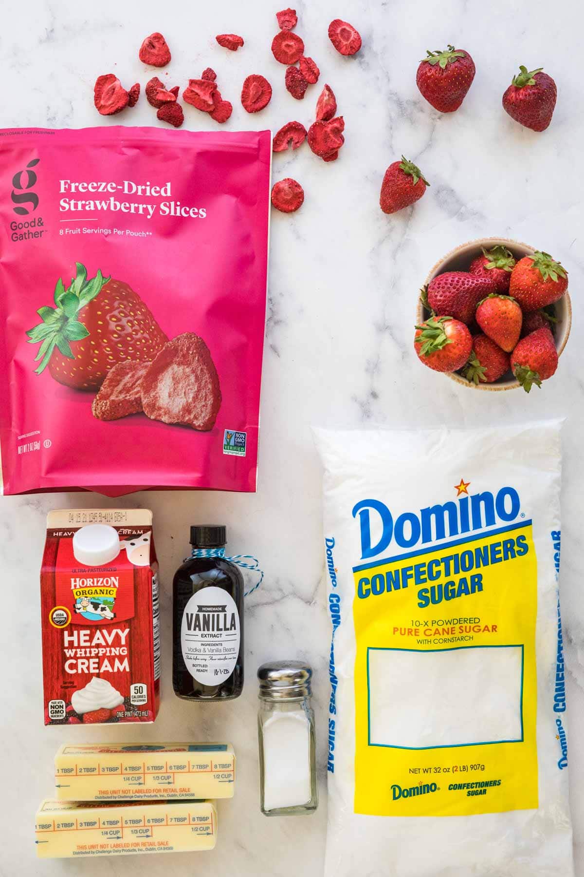 Ingredients needed for strawberry frosting