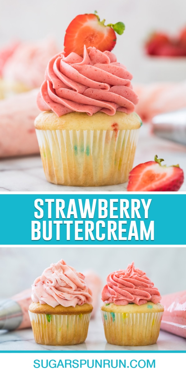 collage of strawberry buttercream frosting, top image of frosting on single cupcake close-up, bottom image two cupcakes with frosting