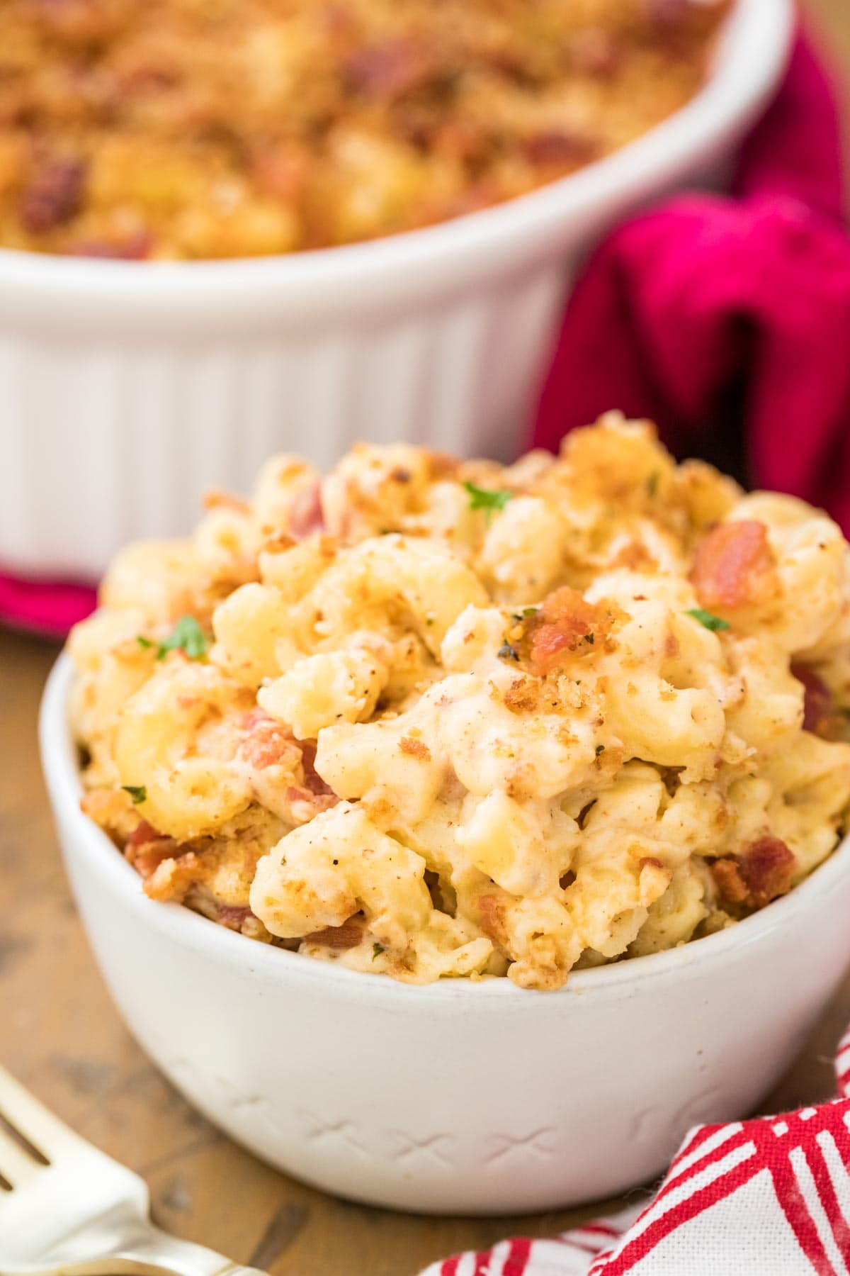 serving of bacon macaroni and cheese in small white bowl