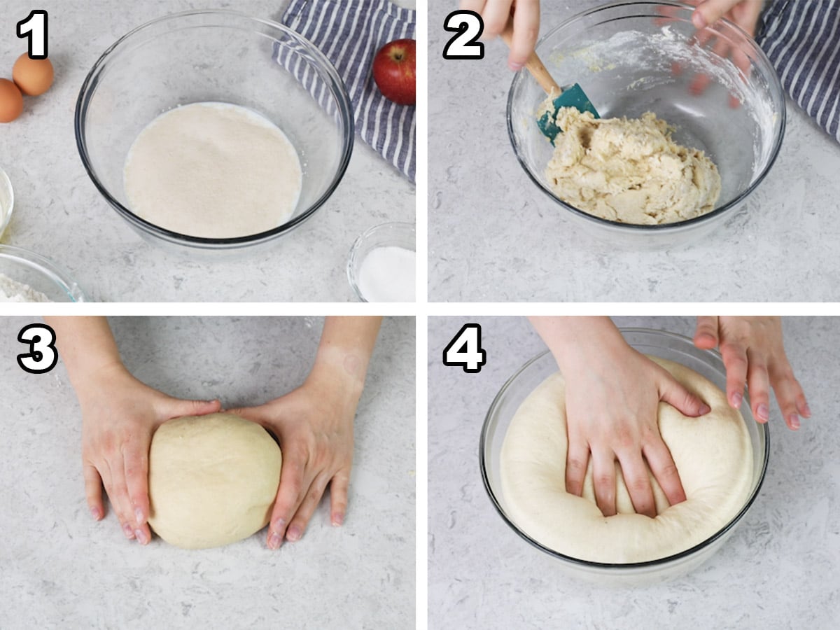 collage of four photos showing how to make apple cinnamon roll dough