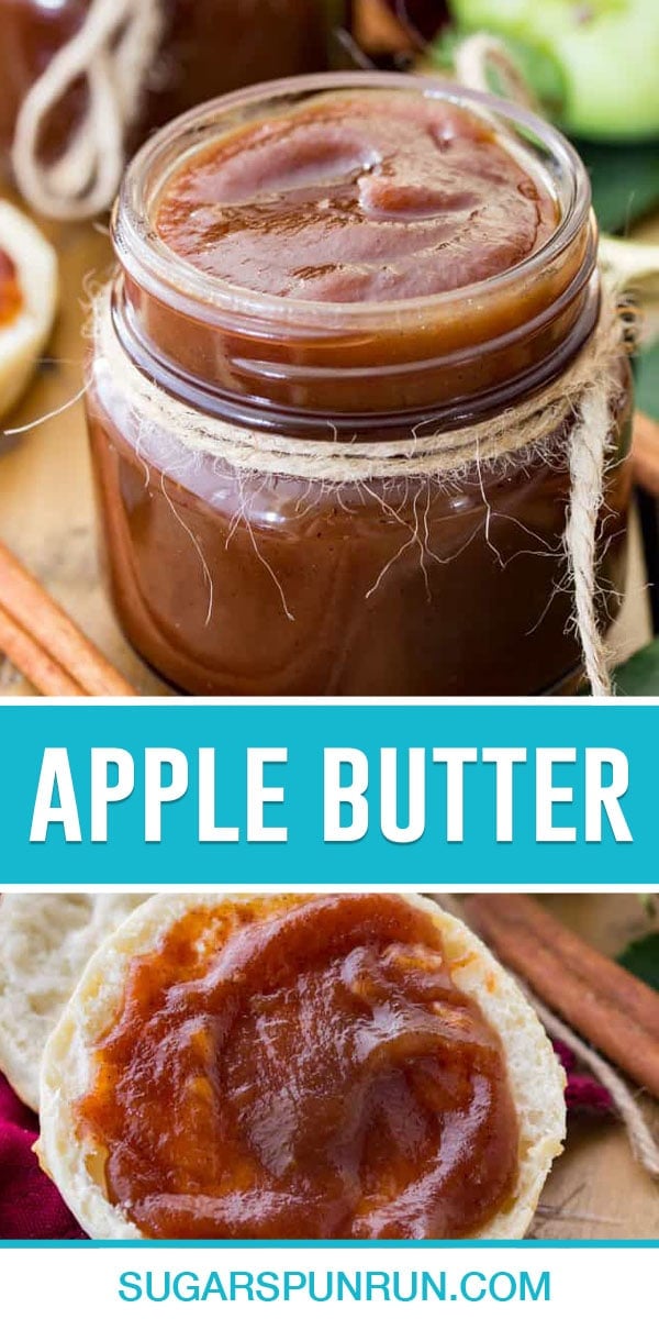 2 image collage showing apple butter in a class jar (top) and spread on biscuit (bottom)