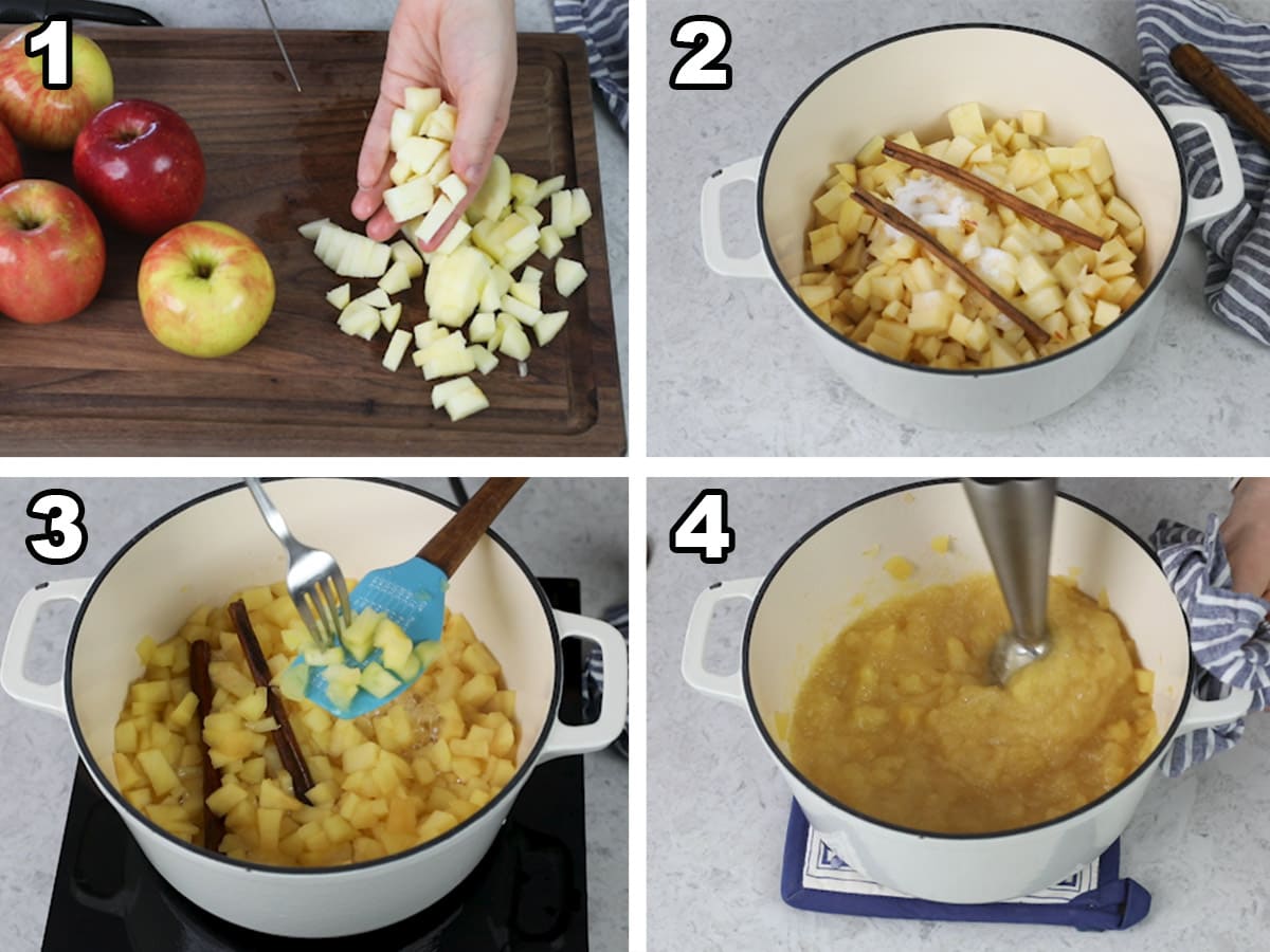 collage of four photos showing how to make homemade applesauce