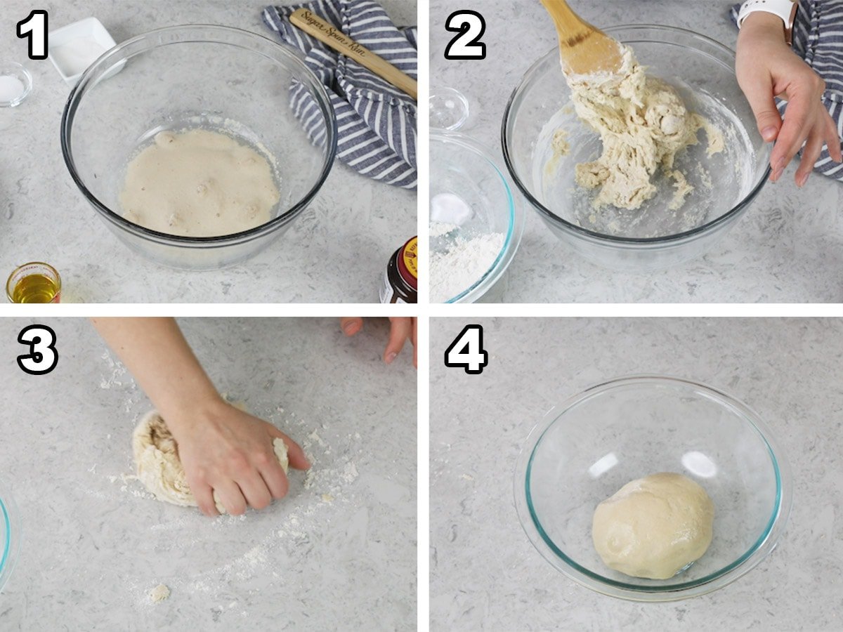 Collage of four photos showing how to make breadstick dough