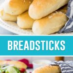 collage of breadsticks, top image of six breadsticks wrapped in towel on serving dish, bottom image taken of same image further away with salad in background