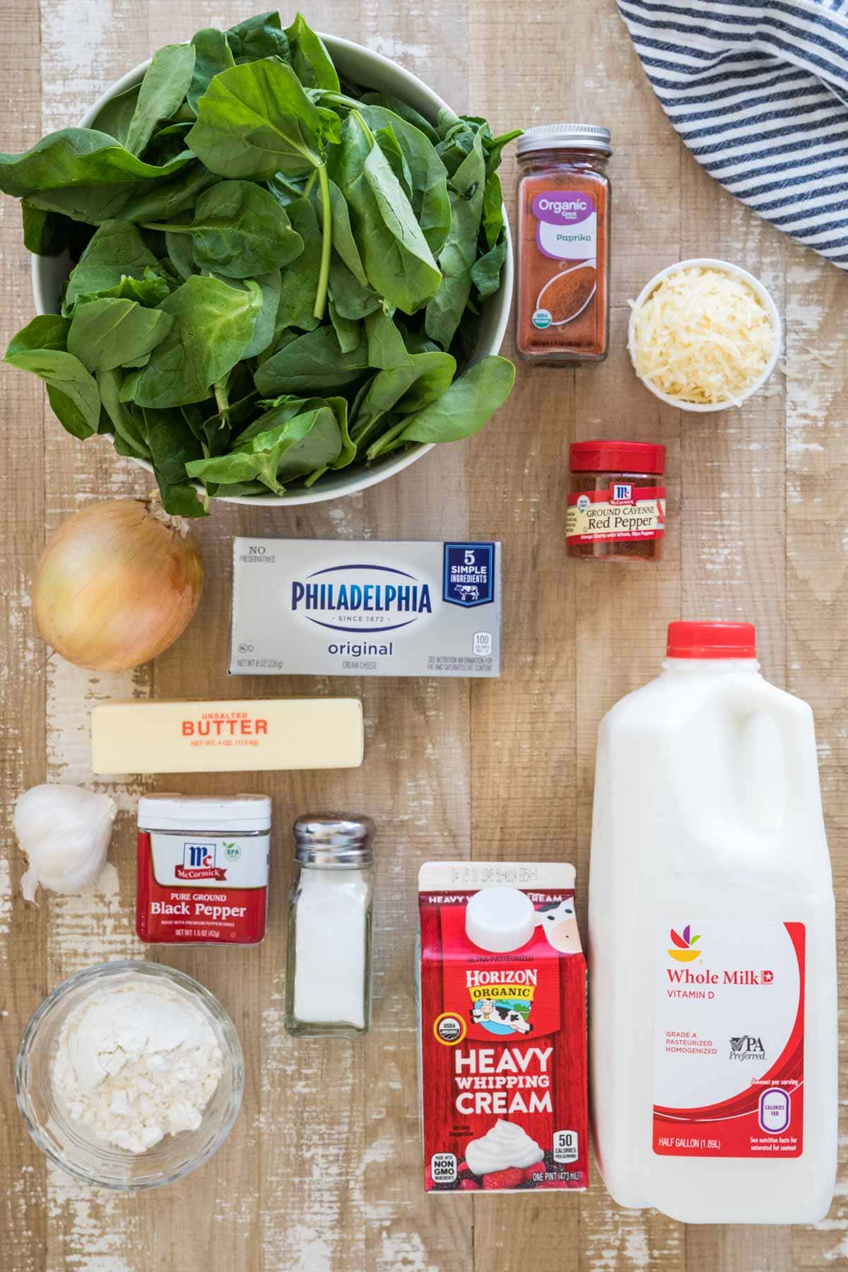 Ingredients for making creamed spinach