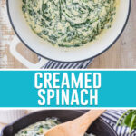 collage of creamed spinach, top image of it in dutch oven, bottom image of it cast iron