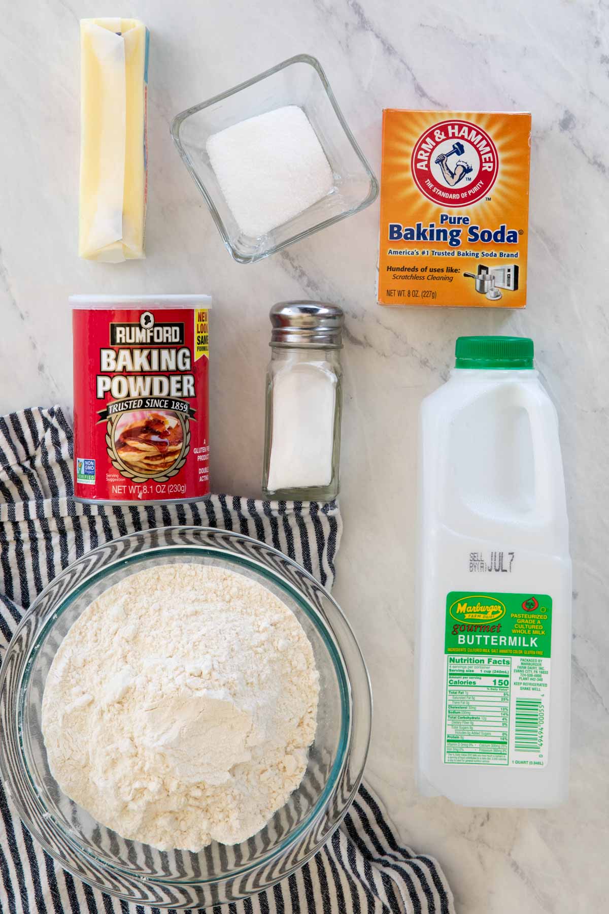 Overhead view of ingredients for drop biscuits