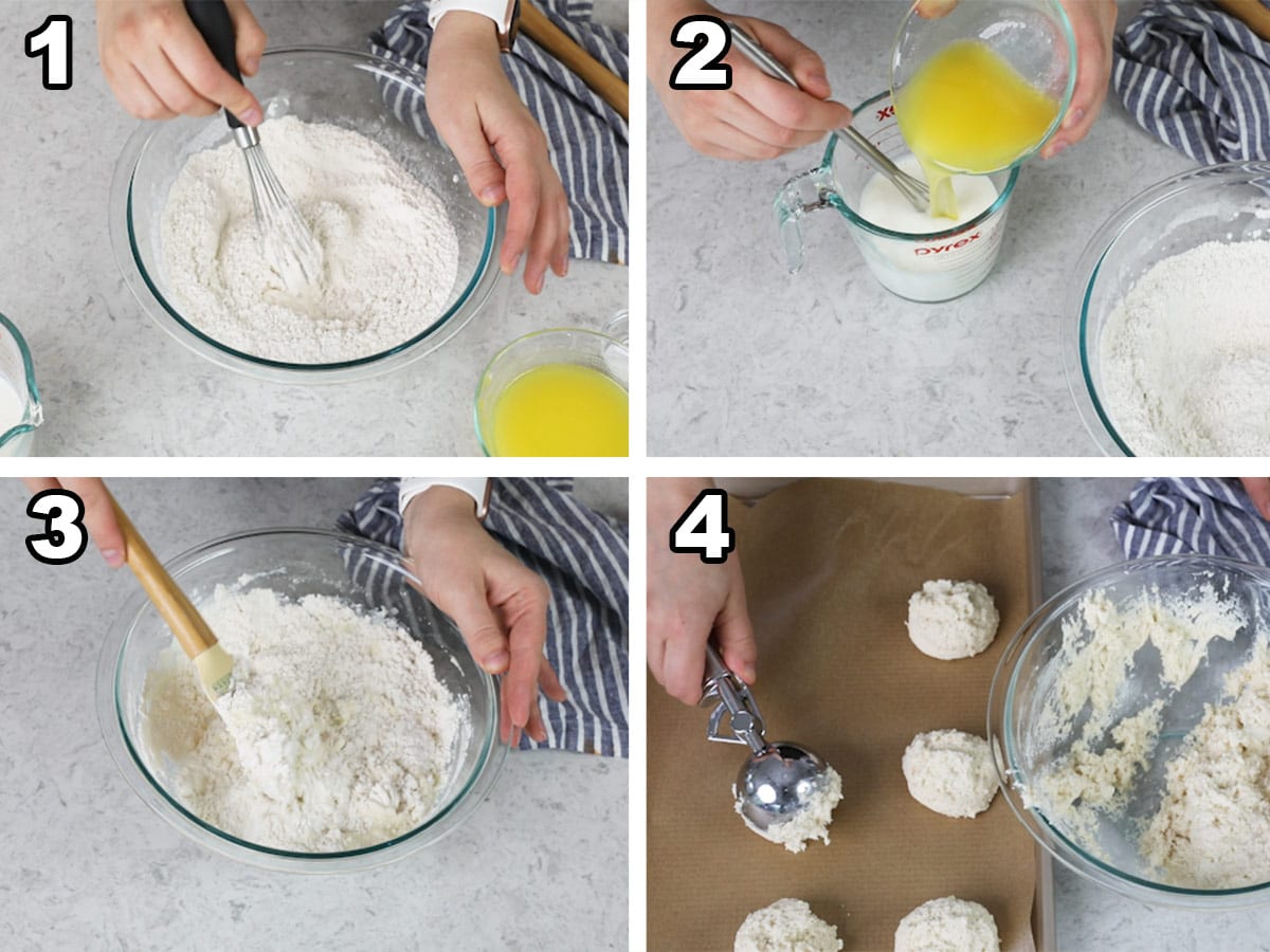 Collage of 4 photos showing how to make drop biscuits