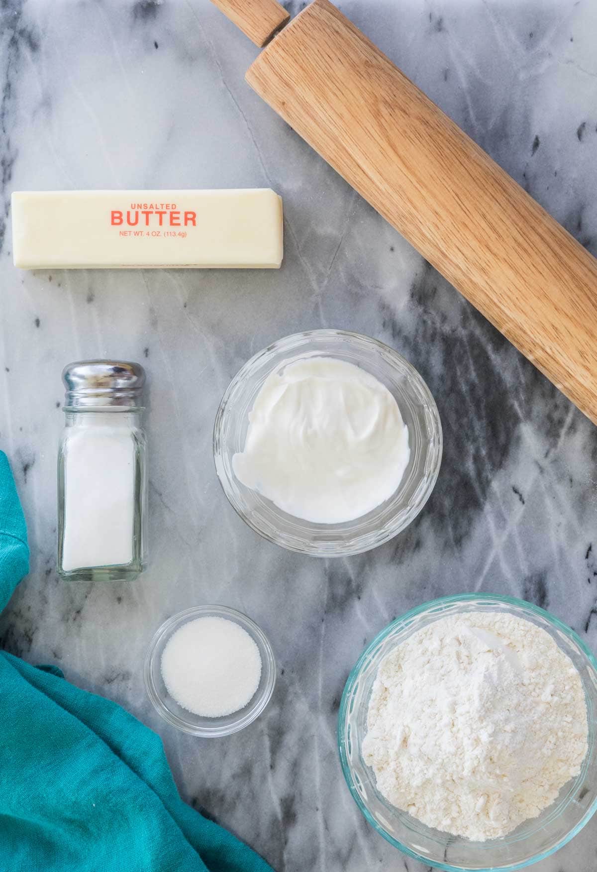 Overhead view of ingredients for homemade pie crust