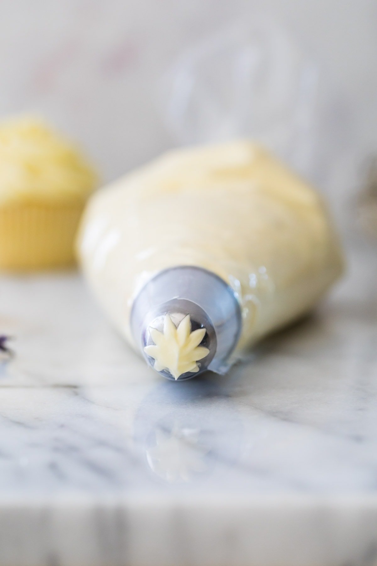 Head-on shot of star-tipped piping bag filled with German buttercream