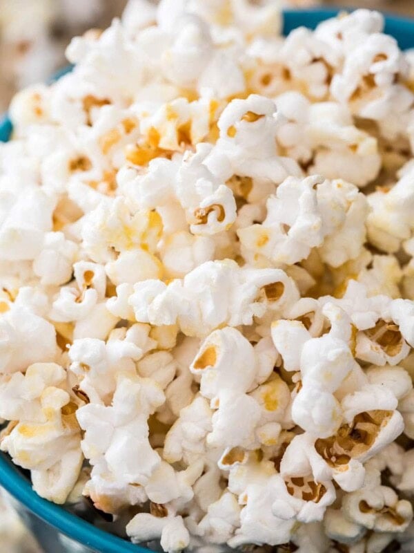 blue bowl full of kettle corn