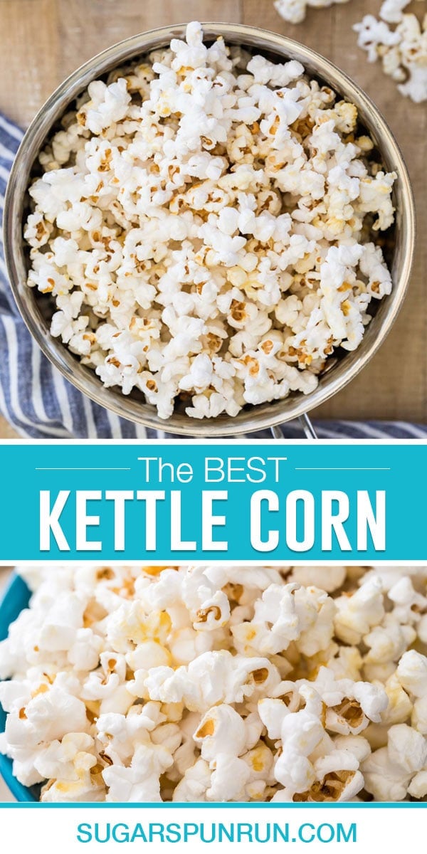 collage of kettle popcorn, top image in metal bowl, bottom image close up of kernels