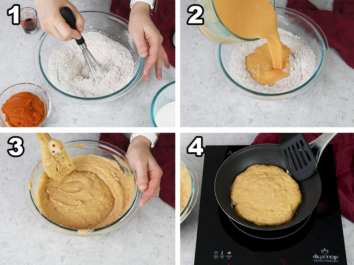 collage of four photos showing how to make pumpkin panckes