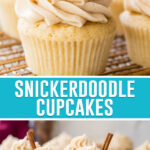 collage of snickerdoodle cupcakes, top image of close up of cupcake, bottom image of multiple images on wire serving tray