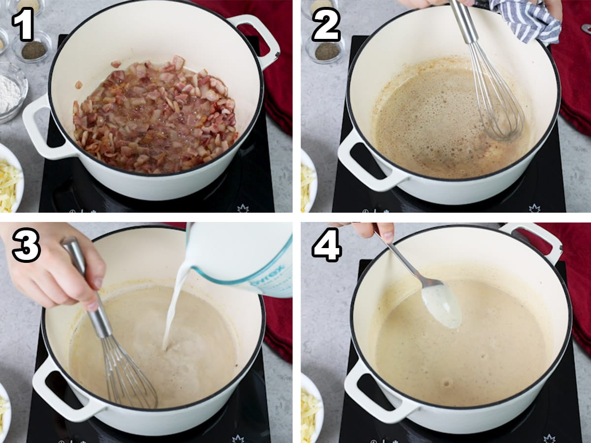 collage of four photos showing bacon cooking and a roux being prepared for bacon mac and cheese