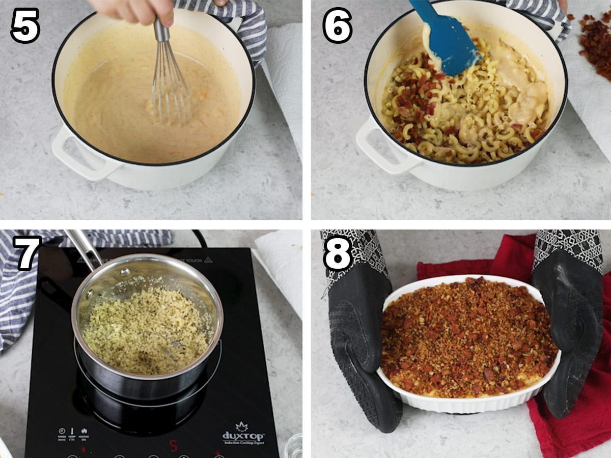 collage of four photos showing how to make bacon mac and cheese