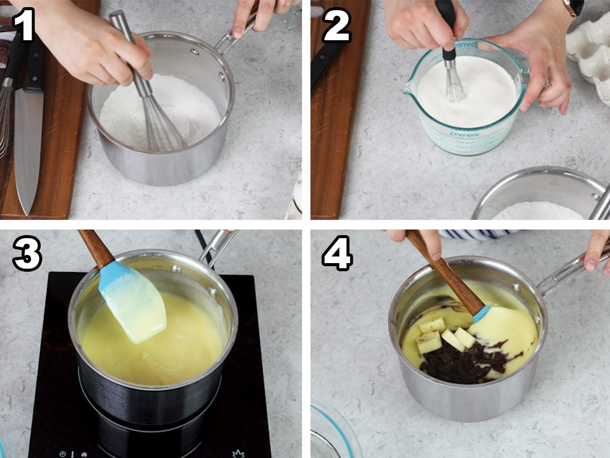 Collage of four photos showing how to make the filling for chocolate pie