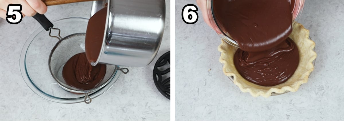 collage of two photos showing chocolate filling being poured into a pie crust to make chocolate pie