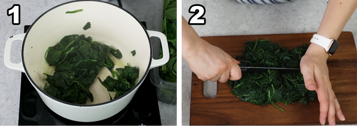 collage of two photos showing how to wilt and chop fresh spinach for a creamed spinach recipe