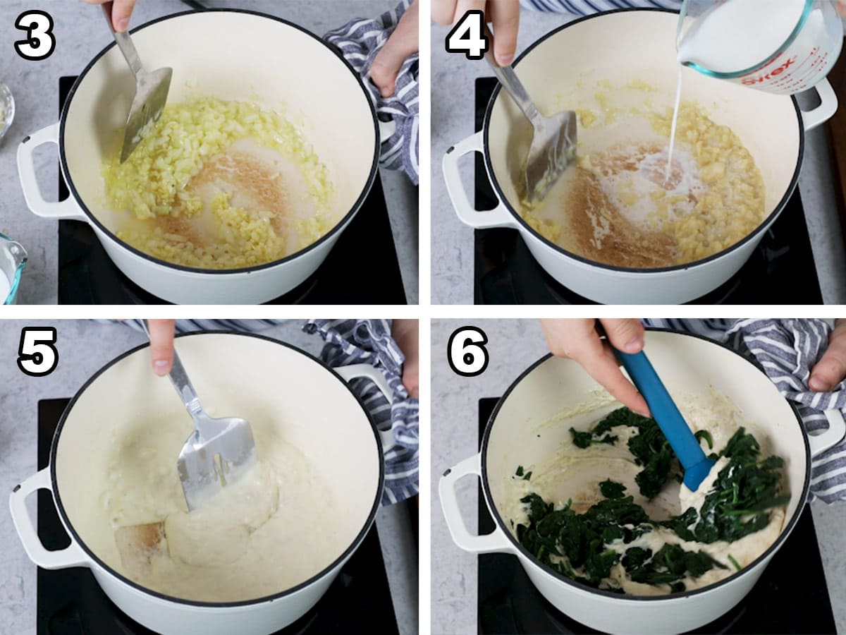 Collage of four photos showing how to make creamed spinach