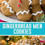 collage of gingerbread men cookies, top image is of a close-up of cookies on white plate, bottom image same taken further away