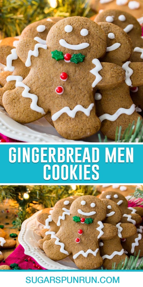 collage of gingerbread men cookies, top image is of a close-up of cookies on white plate, bottom image same taken further away