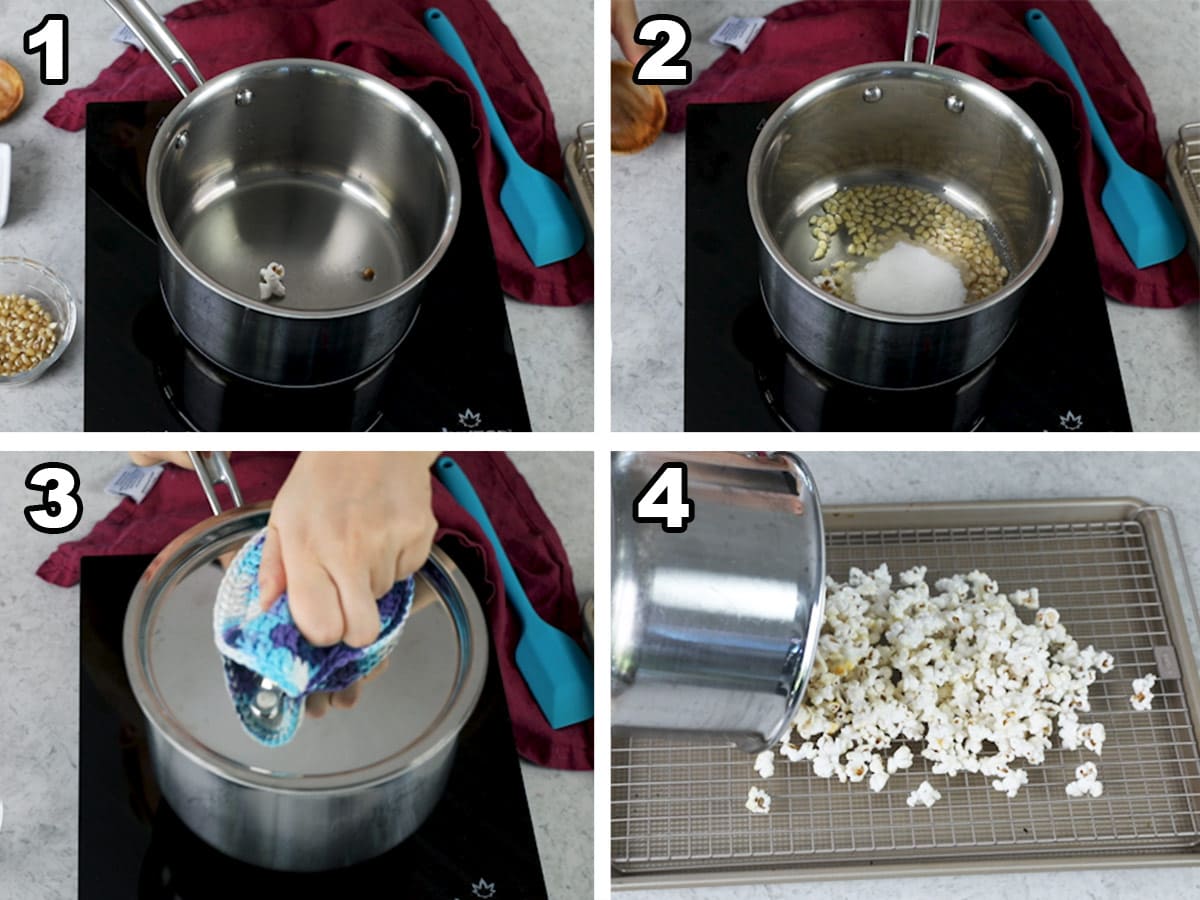 collage of four photos showing how to make kettle corn