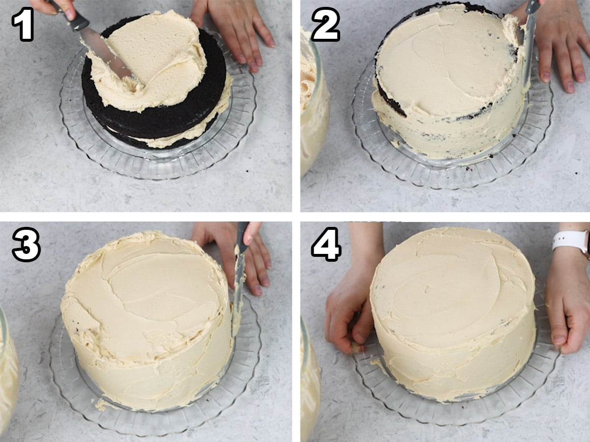 collage of four photos showing how to ice a chocolate cake with peanut butter icing