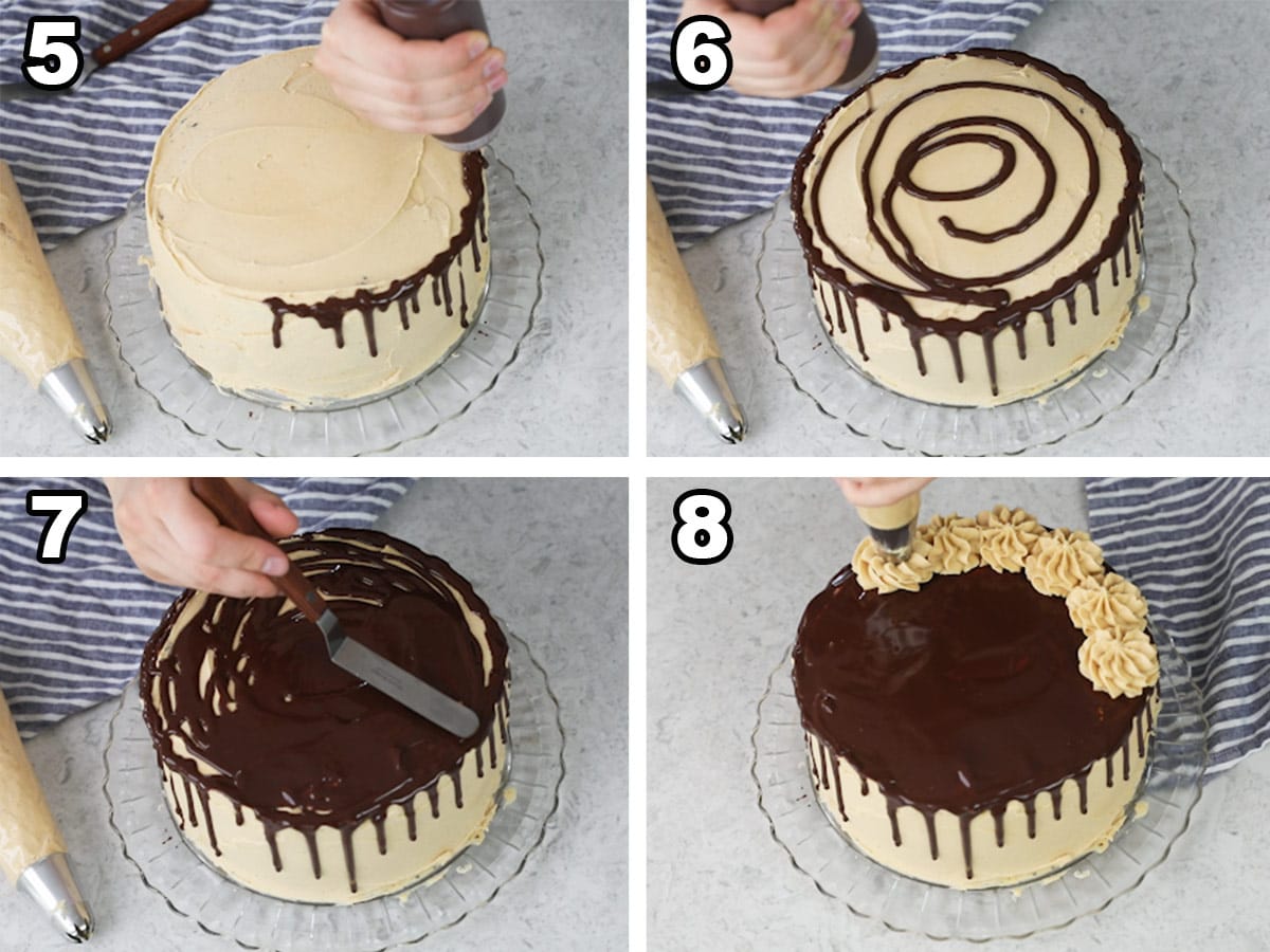 collage of four photos showing how to decorate a peanut butter chocolate cake with a chocolate ganache drizzle