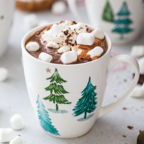 mug of hot chocolate topped with whipped cream and mini marshmallows