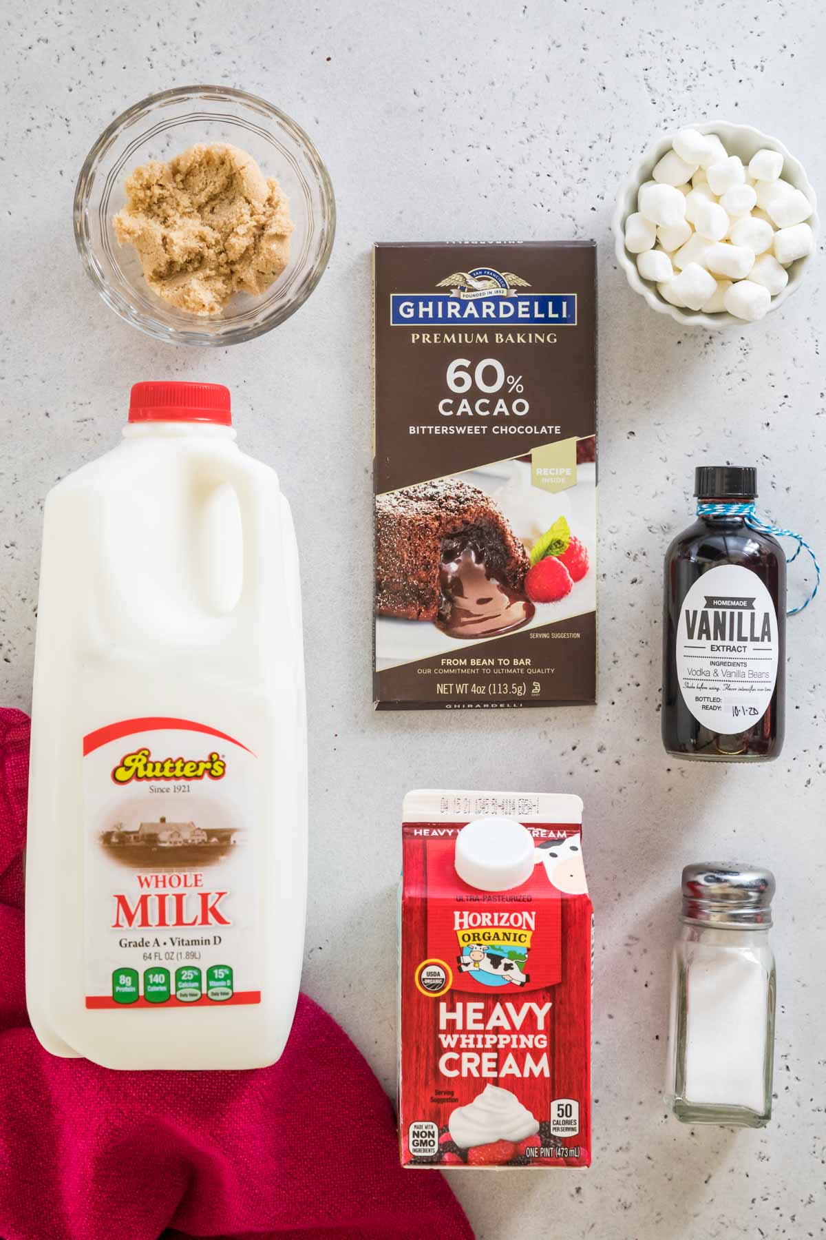 Top-down view of ingredients for hot chocolate