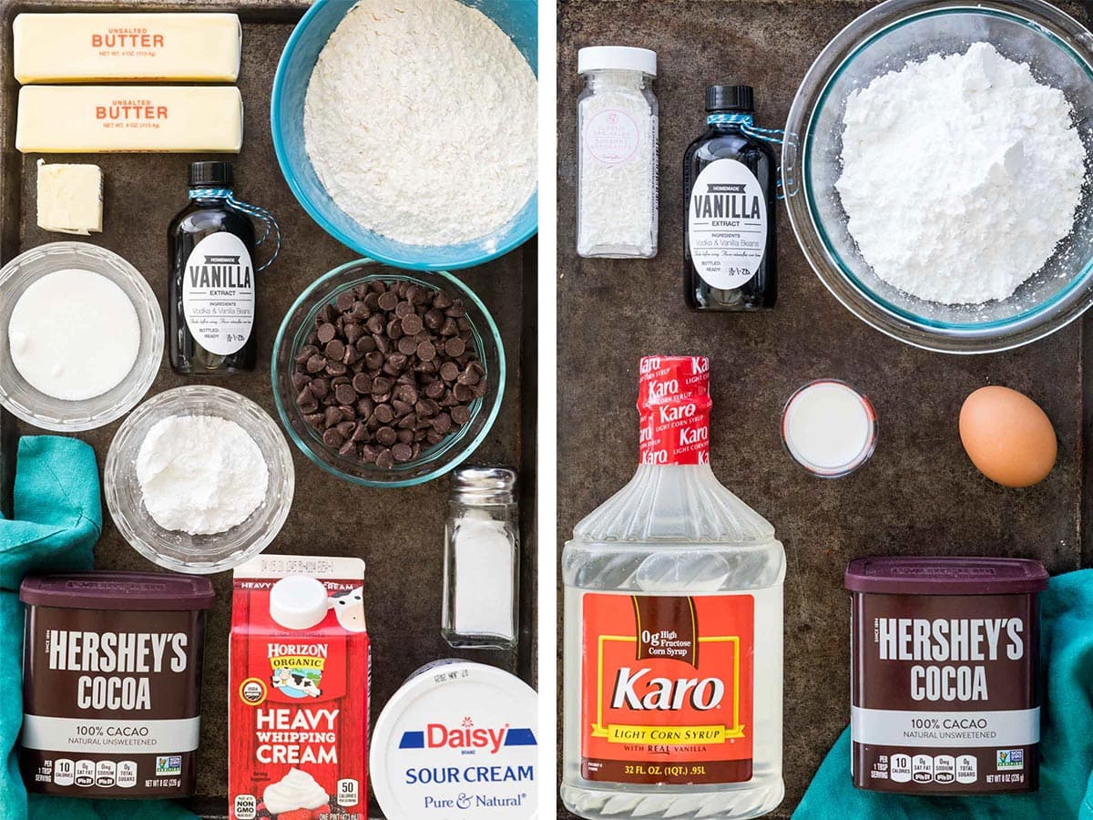 collage of two photos showing ingredients for homemade chocolate pop tarts on the left and chocolate icing on the right