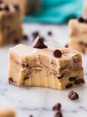 square of cookie dough fudge missing one bite among other fudge squares