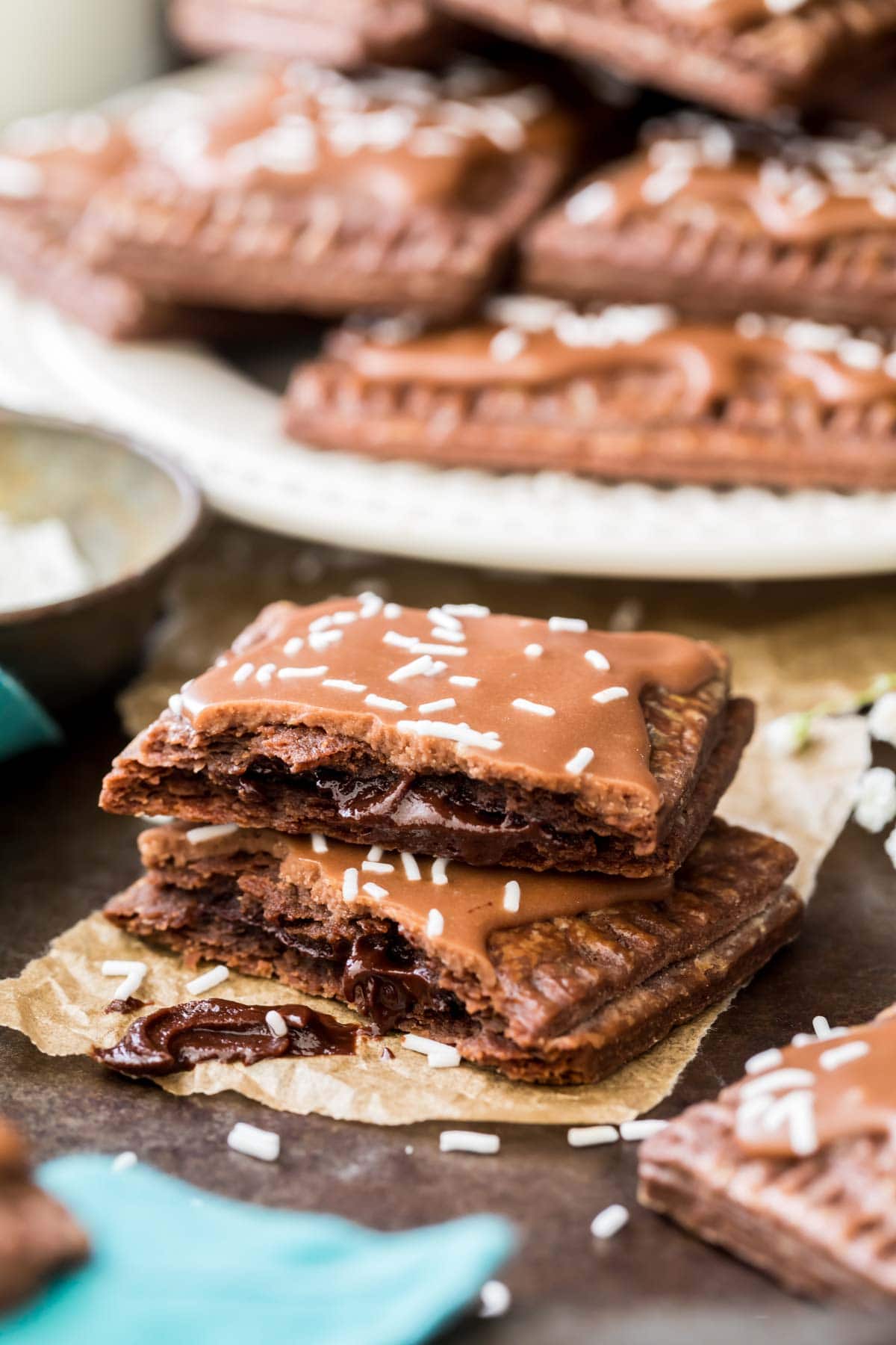 Two halves of a homemade chocolate pop tart stacked on top of each