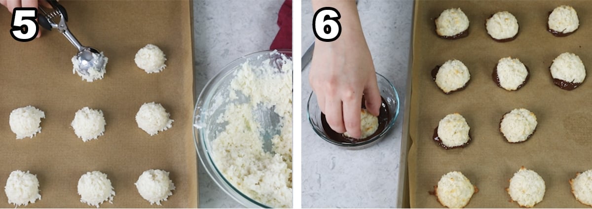 collage of two photos showing coconut macaroons being placed on baking sheet before baking and dipped in chocolate after baking