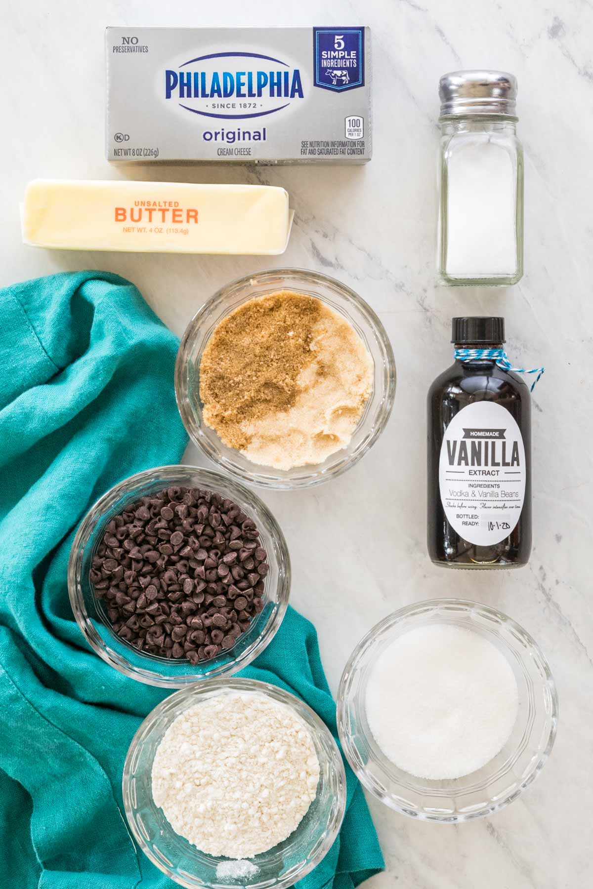 overhead view of ingredients for cookie dough dip