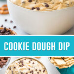 collage of cookie dough dip, top image is a close-up in white bowl, bottom image is a birds eye view of dip in bowl
