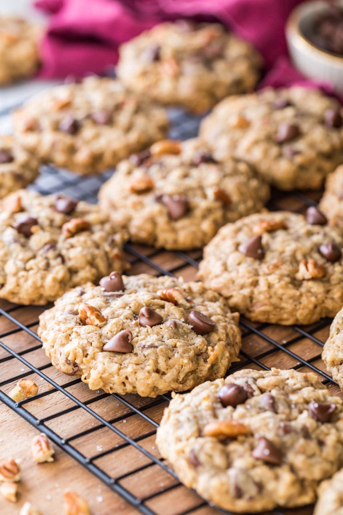 rows of cowboy cookies studded with chocolate chips, coconut, and pecan on black metal cooling rack