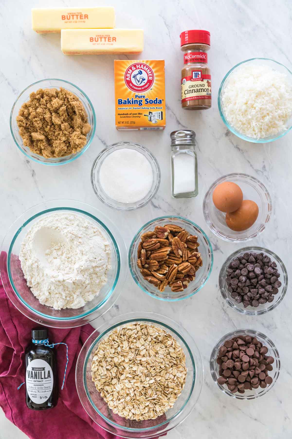 overhead view of ingredients for cowboy cookies