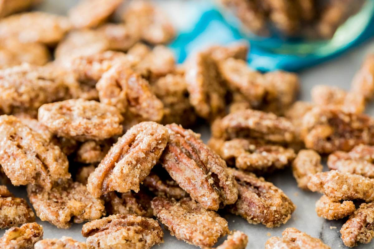 close-up view of candied pecans