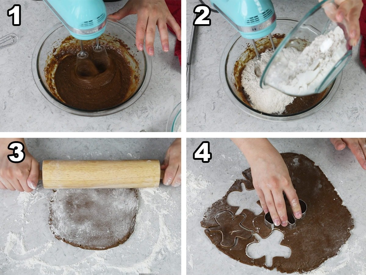collage of four photos showing how to make gingerbread men