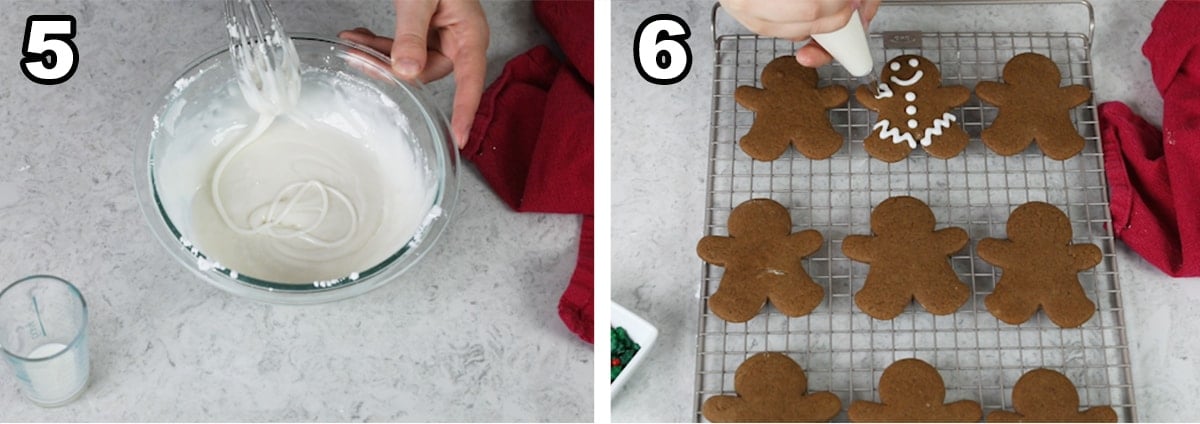 collage of two photos showing how to ice gingerbread men