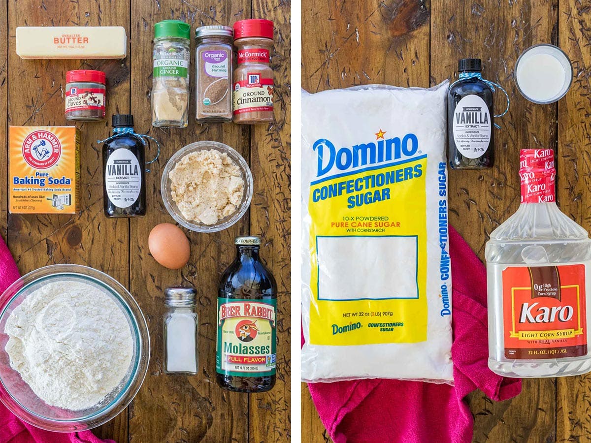 collage of two photos showing ingredients for gingerbread cookies on the left and ingredients for icing on the right