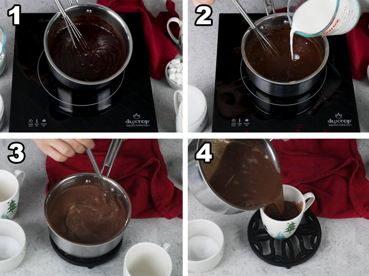 collage of four photos showing how to make homemade hot chocolate