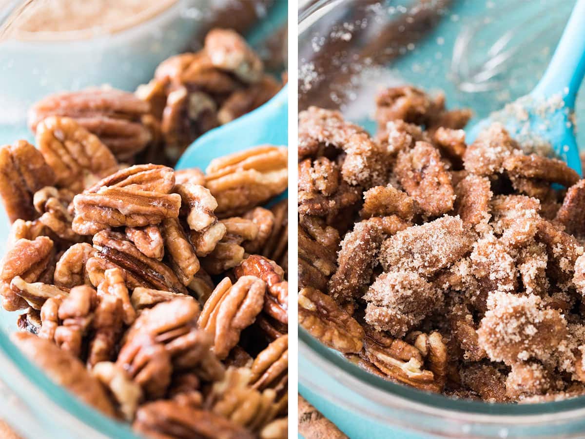 collage of two photos showing candied pecans before and after being coated with sugar and spices