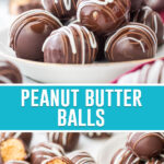 collage of peanut butter balls, top image of them stacked in bowl with a bite taken out of one, bottom image of them spread out