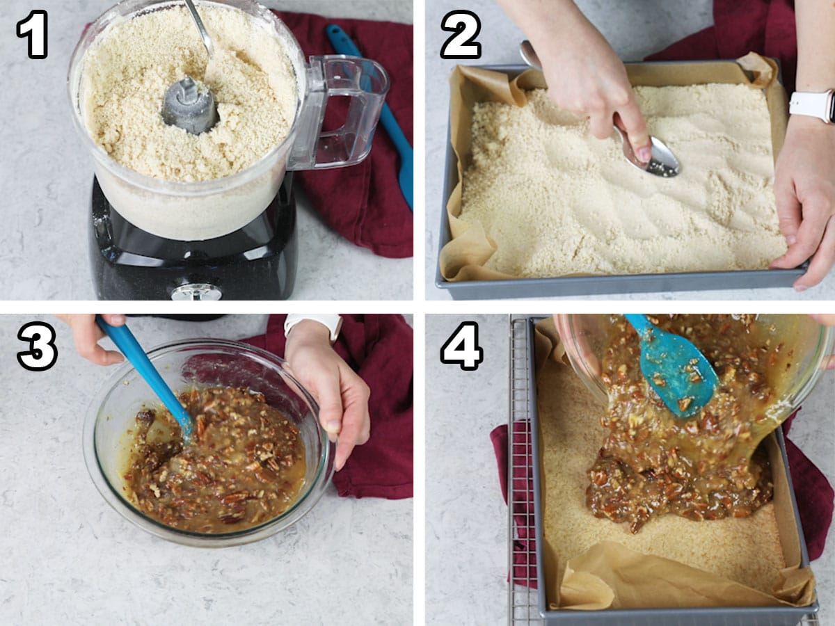 collage of four photos showing how to make pecan pie bars