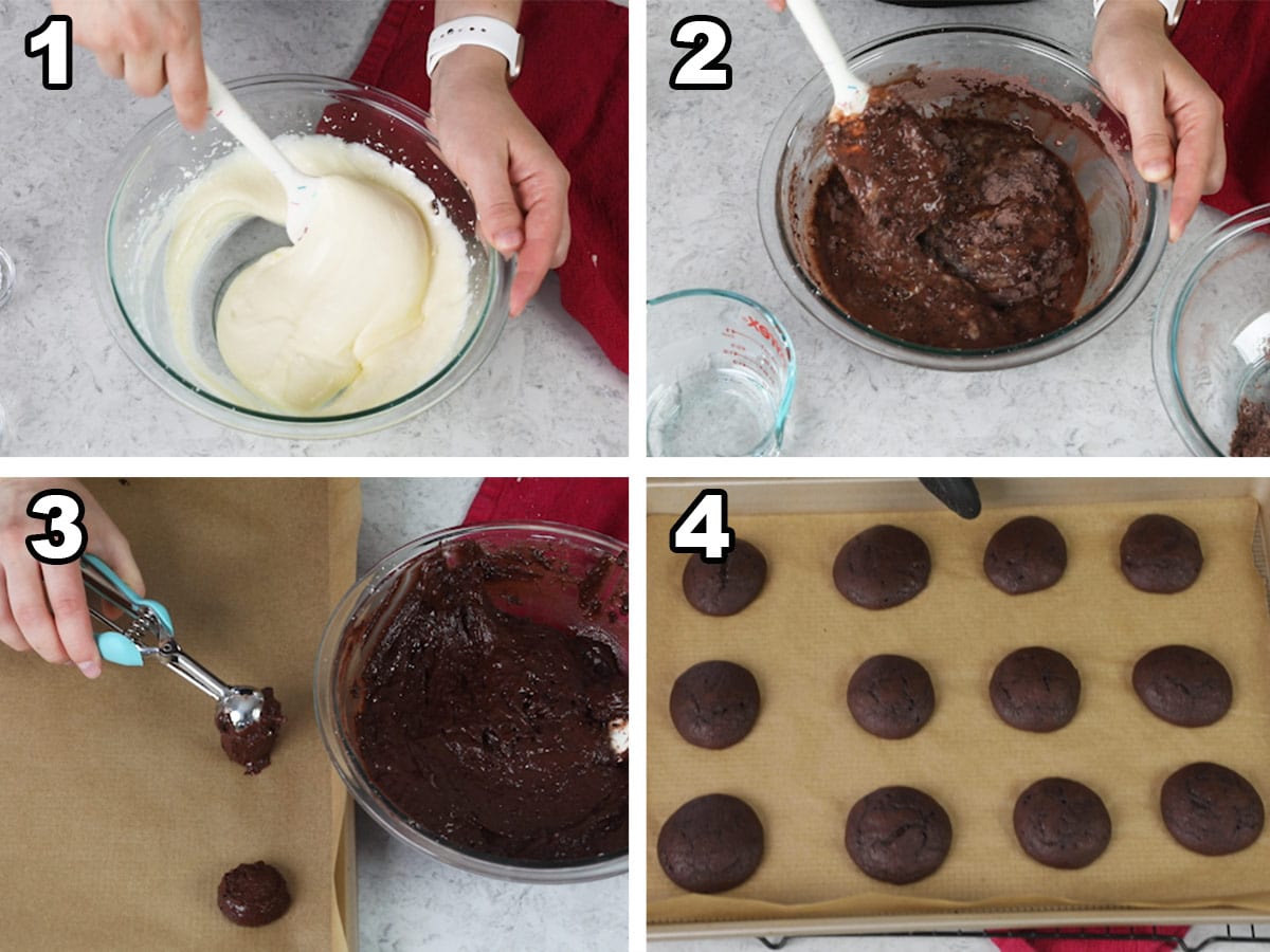 collage of four photos showing how to make cookies for peppermint bark whoopie pies