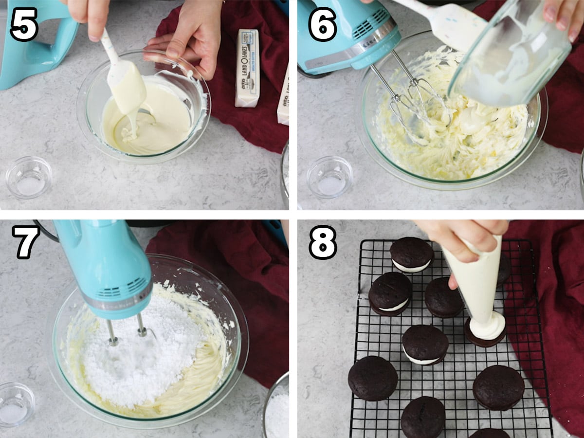 collage of four photos showing how to make icing for and fill peppermint bark whoopie pies